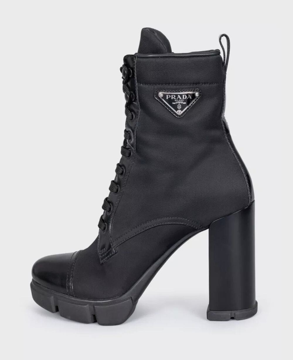 Prada Black Re-Nylon & Leather Ankle Boots Logo High Heel EU 38